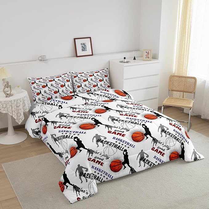 Erosebridal Teen Boys Basketball Bedding Full Size Basketball Player Quilt Set Kids Girls Sports Bed Comforter Set All Season,Soft Lightweight Duvet Set 1 Basketball Comforter and 2 Pillow Cases