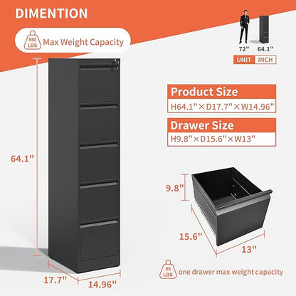 5 Drawer File Cabinet,Metal Filing Cabinets with Lock,Vertical File Cabinet for Home Office,Black Heavy Duty Metal Storage Cabinet for A4/Letter/Legal Size File,Assembly Required