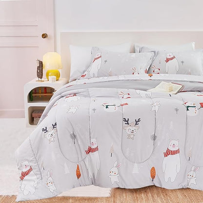 Kids Christmas Comforter Set Full for Boys Girls, Cute Reversible Quilted Bear Snowmen Reindeer Bunny Printed Bedding Set with Pillow Sham, Lightweight Soft Breathable Washable Bed Set 3 Piece