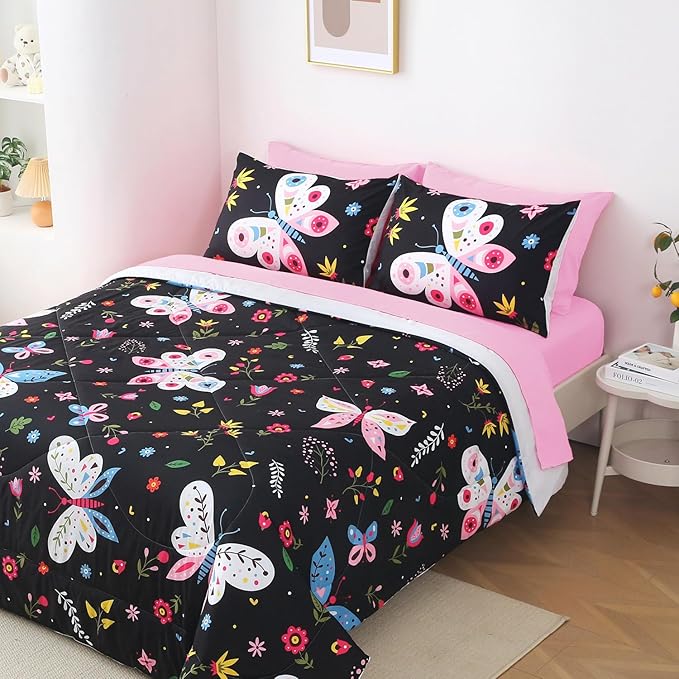 Kids Butterfly Comforter Set Full Size for Girls Black 7 Piece Bed in A Bag Colorful Flowers Leaves Bedding Set for Teens Super Soft All Season