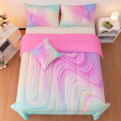 4 Pcs Pink Twin Comforter Set for Girls, Tie Dye Superior Kids Teen Bedding Sets, Blue Pink Rainbow Twin Size Bedding Set for Girls