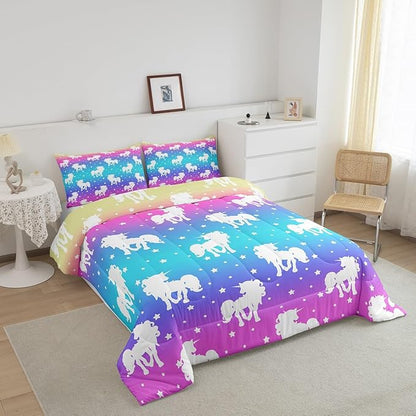 3 Piece Unicorn and Stars Bedding Set Queen Size,Tie Dye Pastel Comforter Sets Rainbow Printed Duvet Sets for Kids Girls Teens,Girly Sweet Colorful Down Comforter Bedroom Decor with 2 Pillow Cases