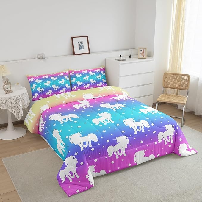 2 Piece Unicorn and Stars Bedding Set King Size,Tie Dye Pastel Comforter Sets Rainbow Printed Duvet Sets for Kids Girls Teens,Girly Sweet Colorful Down Comforter Bedroom Decor with 2 Pillow Cases