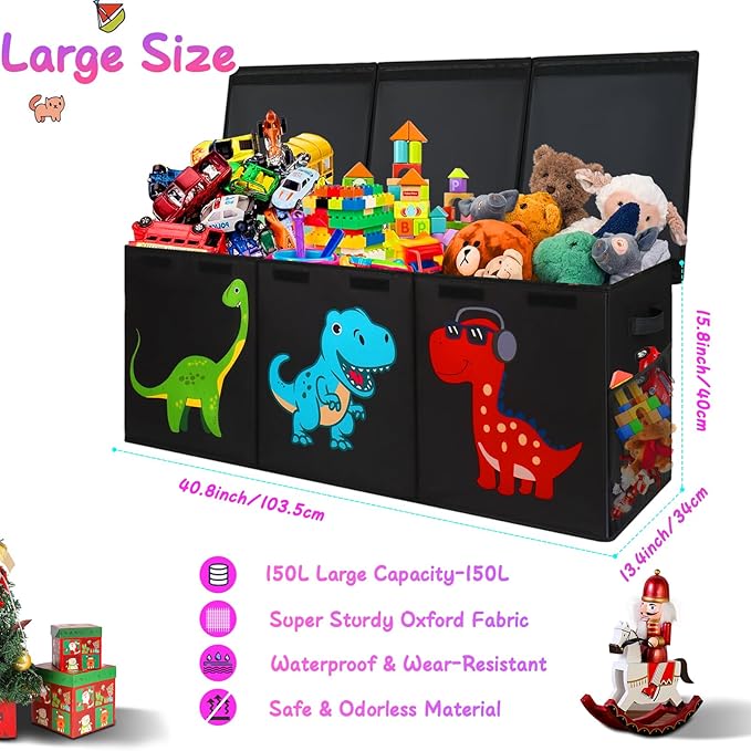 Extra Large Toy Box, Collapsible Sturdy Toy Storage Organizer with Lids, Dinosaur Toy Box for Boys Girls, 41"x14"x16" Kids Toy Chest Bin Box Baskets for Living Room, Playroom, Bedroom, Nursery, Black