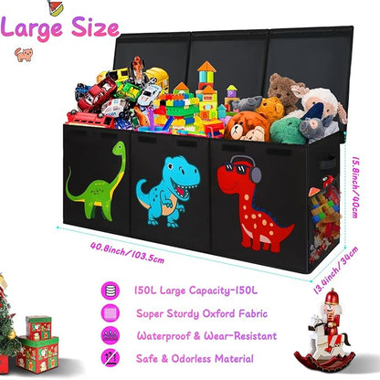 Extra Large Toy Box, Collapsible Sturdy Toy Storage Organizer with Lids, Dinosaur Toy Box for Boys Girls, 41"x14"x16" Kids Toy Chest Bin Box Baskets for Living Room, Playroom, Bedroom, Nursery, Black
