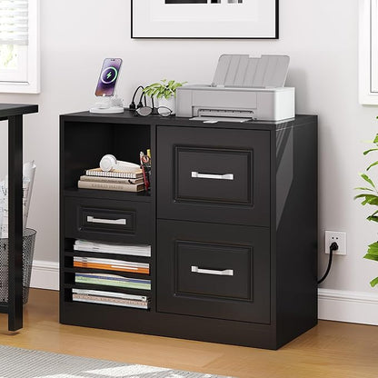 YITAHOME 3 Drawer File Cabinet, Filing Cabinet with Charging Station, Printer Stand with Open Storage Shelves, Fits for A4, Letter, Legal Size Files, Black