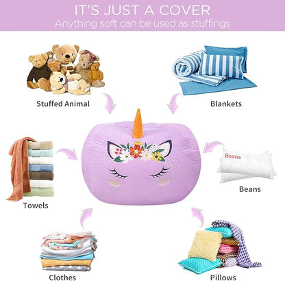 Aubliss Stuffed Animal Storage, Velvet Bean Bag Chairs Cover, Large 32" Ultra Soft Kids Toy Storage Organizer for Blankets Towels Clothes, Purple Floral