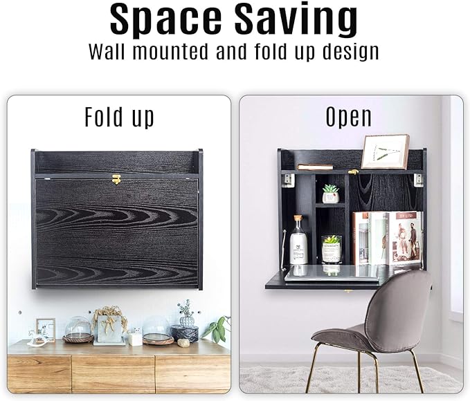 YU YUSING Wall Mounted Table, Multifunctional Fold Down Wall Mounted Laptop Computer Desk with Storage Compartments for Home, Office (Black)