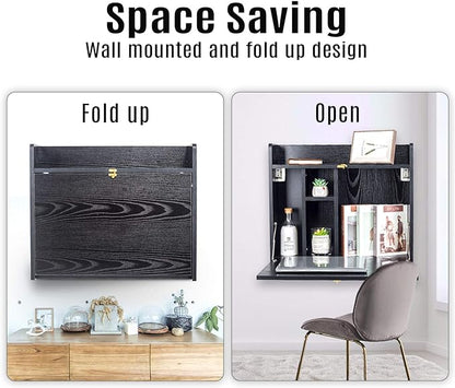 YU YUSING Wall Mounted Table, Multifunctional Fold Down Wall Mounted Laptop Computer Desk with Storage Compartments for Home, Office (Black)