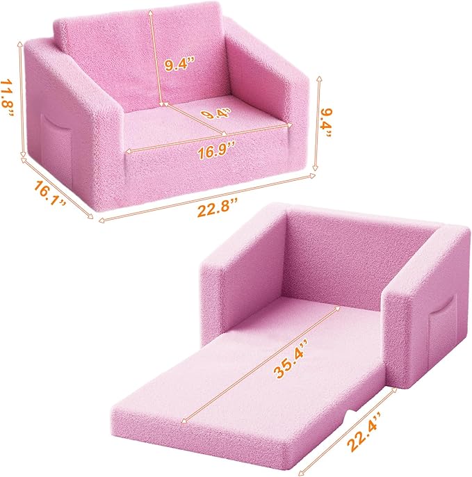 Kids Couch,2-in-1 Toddler Chairs for Girl,Kids Sofa with Storage,Comfortable Kids Sofa Bed,Fun Kids Lounge Chair,Toddler Furniture,Kids Playroom,Children'S Gifts (Pink)