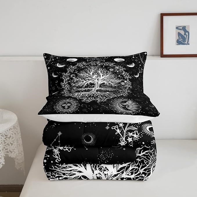 Feelyou Sun and Moon Comforter Bohemian Tree Butterfly Style Bedding Set Psychedelic Hippie Comforter Set for Boys Girls Children Teens Bedroom Decor Galaxy Astrology Duvet Set Full Size