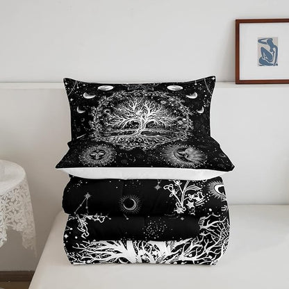 Feelyou Sun and Moon Comforter Bohemian Tree Butterfly Style Bedding Set Psychedelic Hippie Comforter Set for Boys Girls Children Teens Bedroom Decor Galaxy Astrology Duvet Set Queen Size