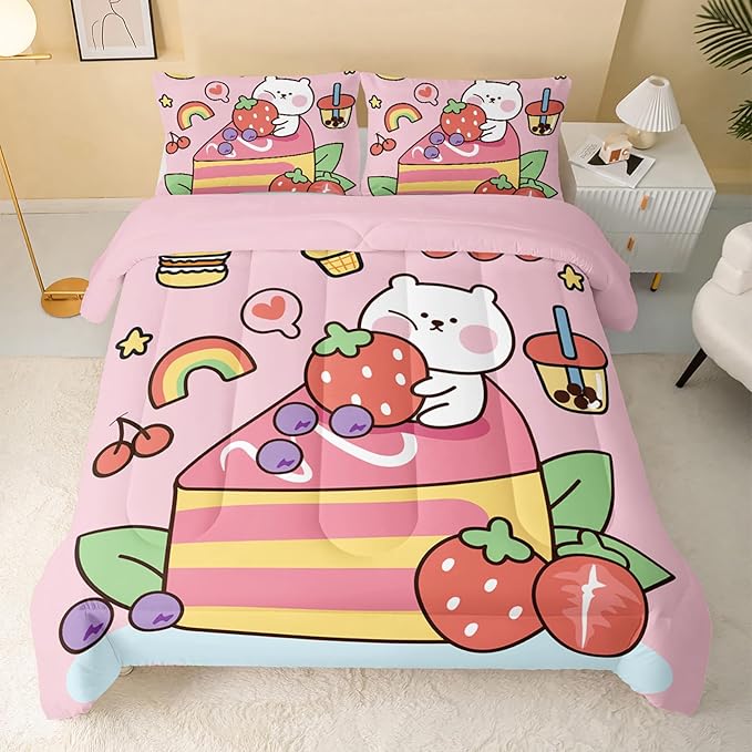 Kawaii Bear Comforter Full,Pink Bear Comforter Set for Kids Teens Girls,3Pcs Bedding Set Printed Comforter with 2 Pillowcases,Down Alternative,Soft and Lightweight，Full Size