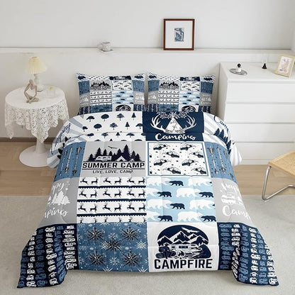 Erosebridal Happy Camping Bedding Set King Size for Boys Kids Teens, Camper Duvet Insert, Rustic Farmhouse Style Comforter Set, Sketch Drawing Camper Bedding, Camping Car Down Comforter, Blue