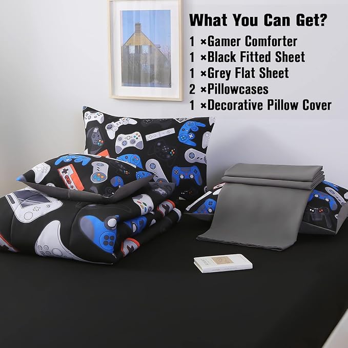 JQinHome Full Gamer Comforter Set for Boys,6 Piece Bed in A Bag 3D Video Game Bedding -All Season Soft Microfiber Down Alternative Comforter Gamer Bedding Sets for Kids(Gamepad Collection)
