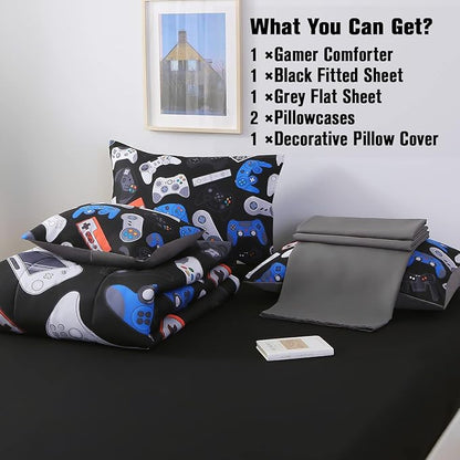 JQinHome Twin Gamer Comforter Set for Boys,6 Piece Bed in A Bag 3D Video Game Bedding -All Season Soft Microfiber Down Alternative Comforter Gamer Bedding Sets for Kids