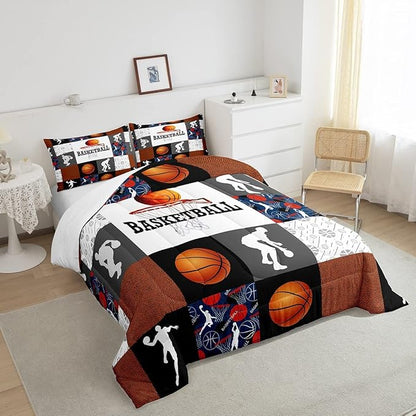 Basketball Twin Comforter Set For Boys Sports Bedding Set Basketball Athlete Bed Comforter Sets Patchwork Style Orange Black White Grey Soft Lightweight Quilt Duvet Insert 1 Pillow Case Room Decor