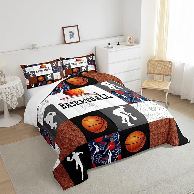 Basketball King Comforter Set For Boys Sports Bedding Set Basketball Athlete Bed Comforter Sets Patchwork Style Orange Black White Grey Soft Lightweight Quilt Duvet Insert 2 Pillow Cases Room Decor