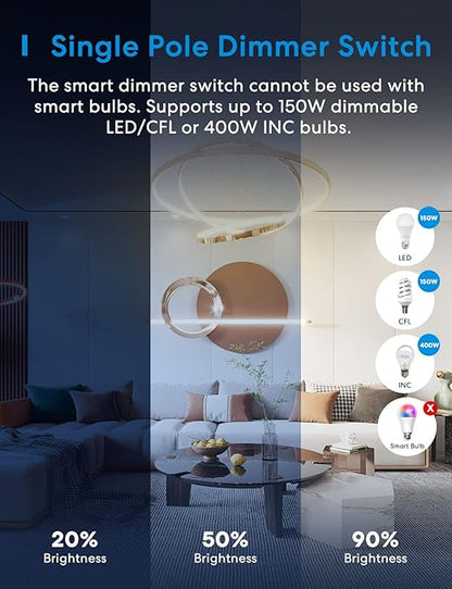 meross Smart Dimmer Switch Single Pole Supports Apple HomeKit, Alexa Google Assistant & SmartThings, 2.4GHz WiFi Light Switch for Dimmable LED, Neutral Wire Required, Remote Control Schedule, 1 Pack