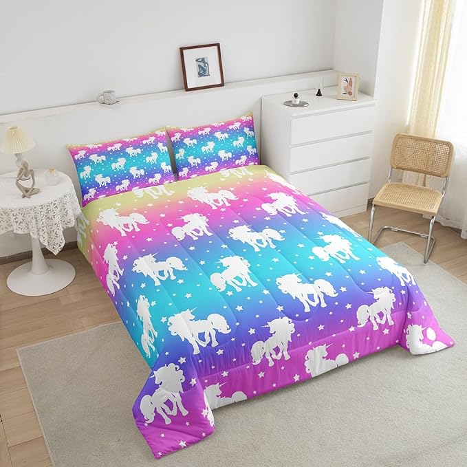 3 Piece Unicorn and Stars Bedding Set Full Size,Tie Dye Pastel Comforter Sets Rainbow Printed Duvet Sets for Kids Girls Teens,Girly Sweet Colorful Down Comforter Bedroom Decor with 2 Pillow Cases