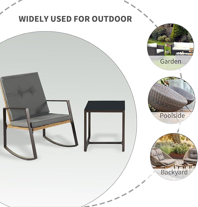 3 Pieces Rocking Chairs Set Balcony Furniture Conversation Sets with Outdoor Table and Chairs,Washable Cushion for Porch,balcony,Garden,Backyard,Poolside Grey
