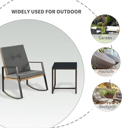 3 Pieces Rocking Chairs Set Balcony Furniture Conversation Sets with Outdoor Table and Chairs,Washable Cushion for Porch,balcony,Garden,Backyard,Poolside Grey