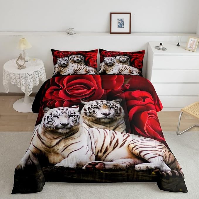 Tiger Comforter Set King, Red Rose Comforter Kids Girls Women,Red Image Of Large Cat Playing with Water Cool Nature Animal Quilted Duvet Insert Gorgeous Floral Flower Bedding Comforters,Brown