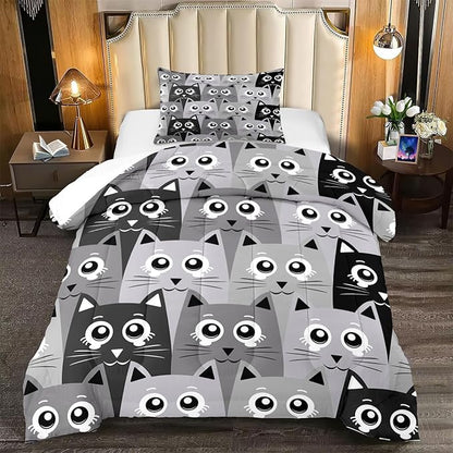 Cat Comforter Set Twin Size - 2Pcs Grey Cat Bedding Set for Boys Girls Teens Cute Animals Themed Bedding Set Warm Ultra Soft Cartoon Cat Quilt Cover with 1 Pillowcase for Kids Room Decor