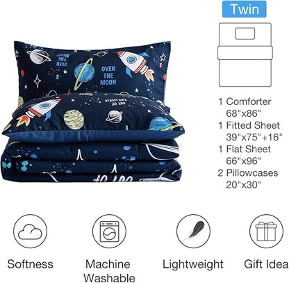 beeweed 5 Piece Kid Comforter Set Twin Size, Space Rocket Bedding Set for Teen Boys Girls