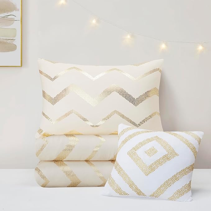 Codi Cream White and Gold Comforter Set for Full/Queen Size Bed, Cute Metallic Ivory Bed Sets, 4 Piece (2 Matching Shams + 1 Decorative Pillow)