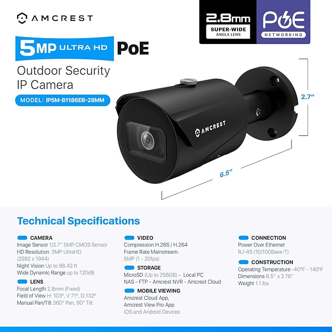 Amcrest UltraHD 5MP Outdoor POE Camera 2592 x 1944p Bullet IP Security Camera, Outdoor IP67 Waterproof, 103° Viewing Angle, 2.8mm Lens, 98.4ft Night Vision, 5-Megapixel, IP5M-B1186EB-28MM (Black)