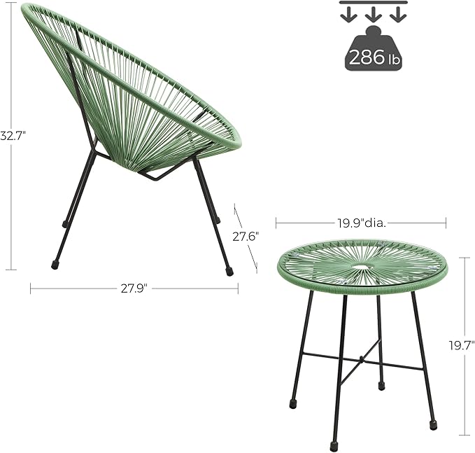 SONGMICS 3-Piece Outdoor Seating Acapulco Chair, Modern Patio Furniture Set, Glass Top Table and 2 Chairs, Indoor and Outdoor Conversation Bistro Set, Light Green UGGF011C01
