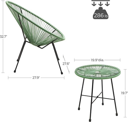 SONGMICS 3-Piece Outdoor Seating Acapulco Chair, Modern Patio Furniture Set, Glass Top Table and 2 Chairs, Indoor and Outdoor Conversation Bistro Set, Light Green UGGF011C01