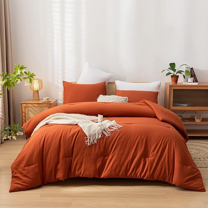 Terracotta Queen Comforter Solid Color 3PCS Boho Bed Comforter Set Queen Size Soft Lightweight Down Alternative Microfiber Comforter for All Season (1 Comforter, 2 Pillowcases)