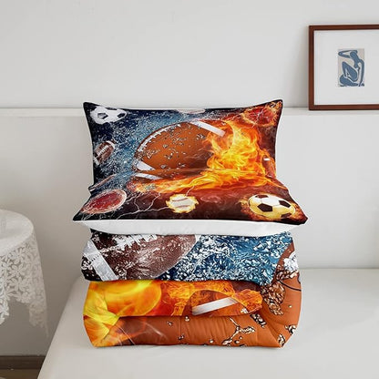 Erosebridal Football Comforter Set King Rugby Sports Bedding Set for Teen Boys Kids,Soccer Basketball Baseball Comforter Red Blue Water Fire Lightning Quilt Duvet Insert Bedroom Decor 2 Pillow Cases