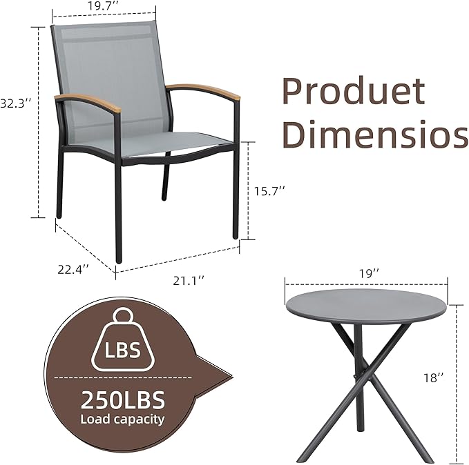 Shintenchi 3 Pieces Outdoor Patio Bistro Sets, Textilene Fabric Small Patio Furniture Set, Front Porch Chairs Conversation Set with Table for Lawn, Garden, Balcony, Poolside (Light Gray)