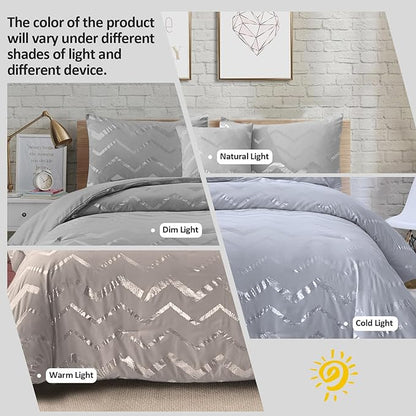 Grey and Silver Comforter Set King Size, Metallic Print Geometric Bedding Set, 4 Piece Lightweight Microfiber Comforter for Teen Girls Boys Women (2 Pillow Shams + 1 Decorative Pillow Sham)