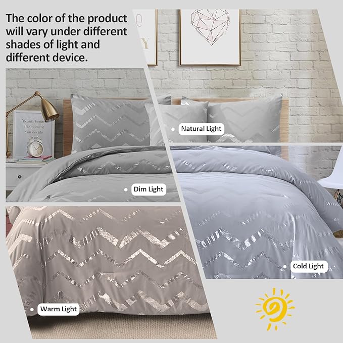 Grey and Silver Comforter Set Queen Metallic Print Geometric Bedding Set, 4 Pieces Lightweight Microfiber Bed Set for Teen Kids Boys (2 Pillow Shams + 1 Decorative Pillow Sham)