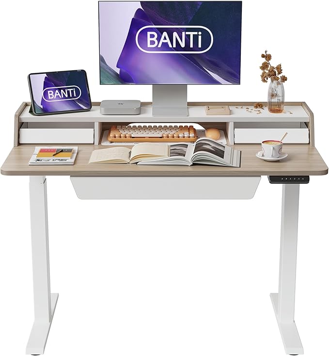 BANTI Height Adjustable Electric Standing Desk with Three Drawers, 48 x 25 Inch Table with Storage Shelf, Sit Stand Desk with Storage Space, Splice Board with White Frame/Light Walnut Top, 48 inch