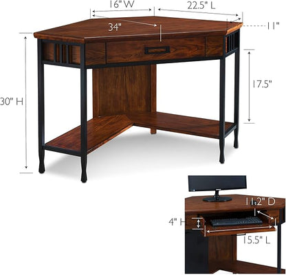 Leick Home 11230 Ironcraft Corner Writing/Computer Rustic Desk with Drawer and Shelf, Mission Oak and Black
