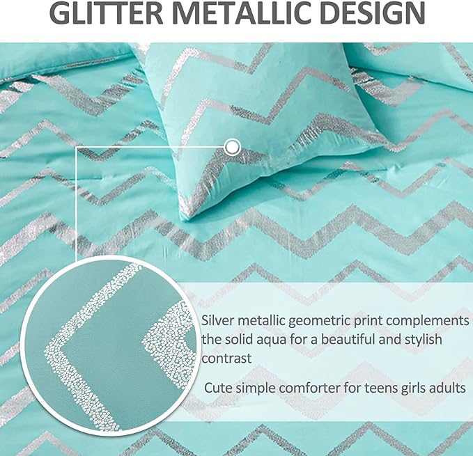 Aqua Comforter Set Twin Size, Metallic Teal and Silver Bedding Set, 3 Piece Lightweight Microfiber Comforter for Teen Girls Boys Women (1 Pillow Case + 1 Decorative Pillow Sham)