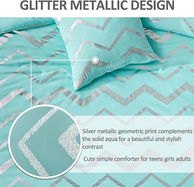 Aqua Comforter Set Queen Size Metallic Teal and Silver Bedding Set, 4 Piece Lightweight Microfiber Bed Set for Teen Girls Women (2 Pillow Shams + 1 Decorative Pillow Sham)