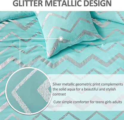 Aqua Comforter Set Queen Size Metallic Teal and Silver Bedding Set, 4 Piece Lightweight Microfiber Bed Set for Teen Girls Women (2 Pillow Shams + 1 Decorative Pillow Sham)