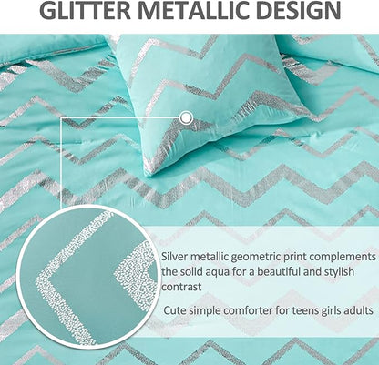 Aqua Comforter Set King Size, Metallic Teal and Silver Bedding Set, 4 Piece Lightweight Microfiber Comforter for Teen Girls Women (2 Pillow Shams + 1 Decorative Pillow Sham)