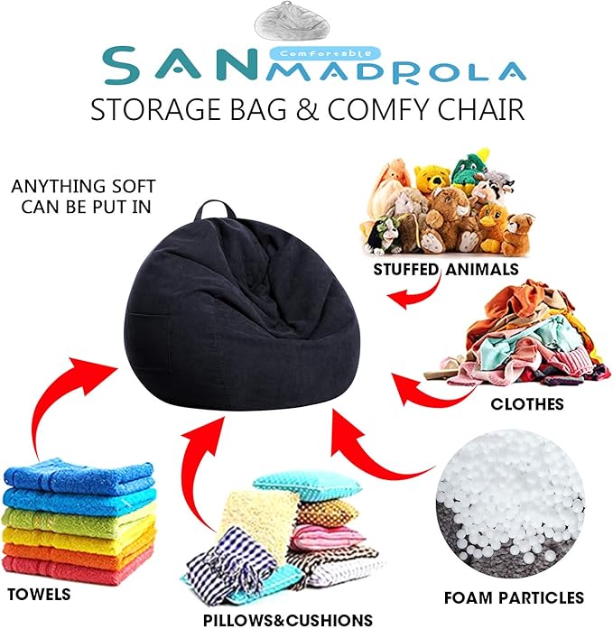 Stuffed Animal Storage Bean Bag Chair Cover (No Beans) for Kids and Adults.Soft Premium Corduroy Stuffable Beanbag for Organizing Children Plush Toys or Memory Foam Extra Large 300L (Black)