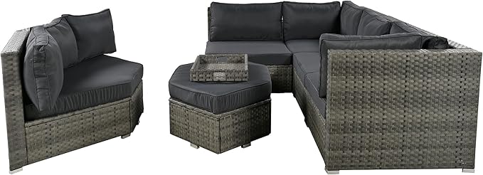 Patio 7-Piece Set, Half-Moon Curved Sectional Sofa Outdoor Rattan Furniture with Ottoman and No-Slip Cushions for Balcony, Porch, Garden, Zc-Grey