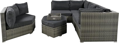 Patio 7-Piece Set, Half-Moon Curved Sectional Sofa Outdoor Rattan Furniture with Ottoman and No-Slip Cushions for Balcony, Porch, Garden, Zc-Grey