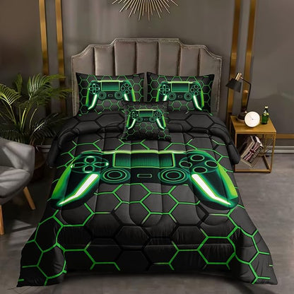 5 Pieces Gaming Bedding Set for Boys Gamer Comforter Set Twin Size,Video Game Comforter for Kids Teen 3D Gaming Geometric Microfiber Bedding Sets 5 Pieces Bed in A Bag Sets H50021,Twin