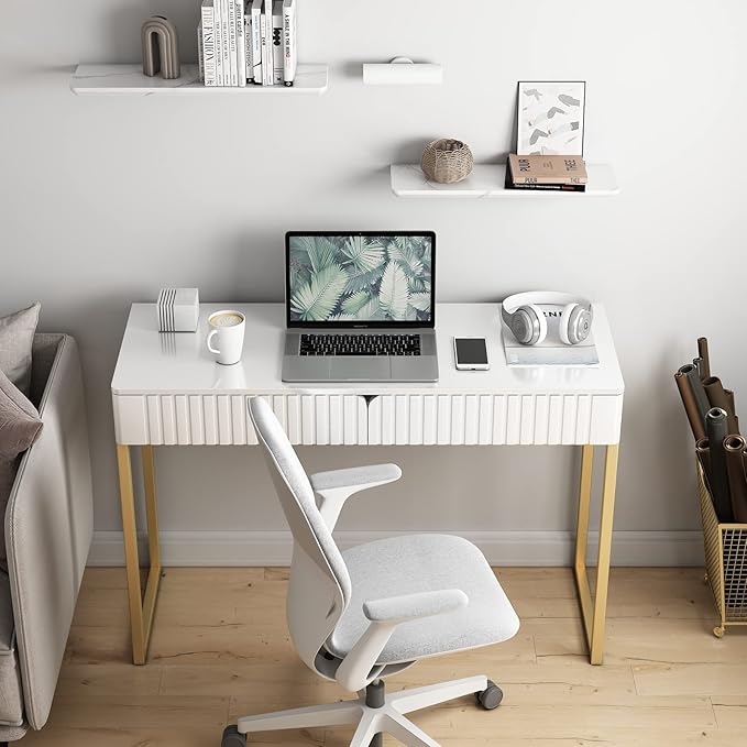 Elegant Modern Desk, 2 Drawers, Gold Legs, 43.3x15.75 inches, Home Office, Makeup Vanity, Computer, Writing, Study, Entryway, Sofa Table