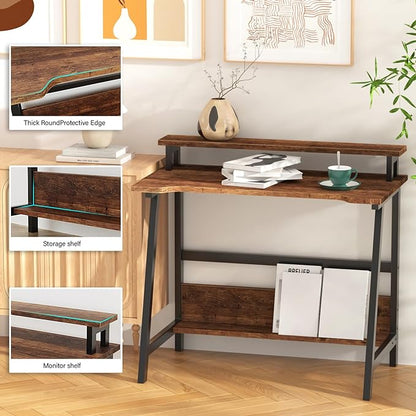 Computer Home Office Desk, 31.5" Desk for Small Spaces with Storage Shelf,Small Computer Desk with Monitor and Bookshelf, Modern Simple Style Laptop Desk